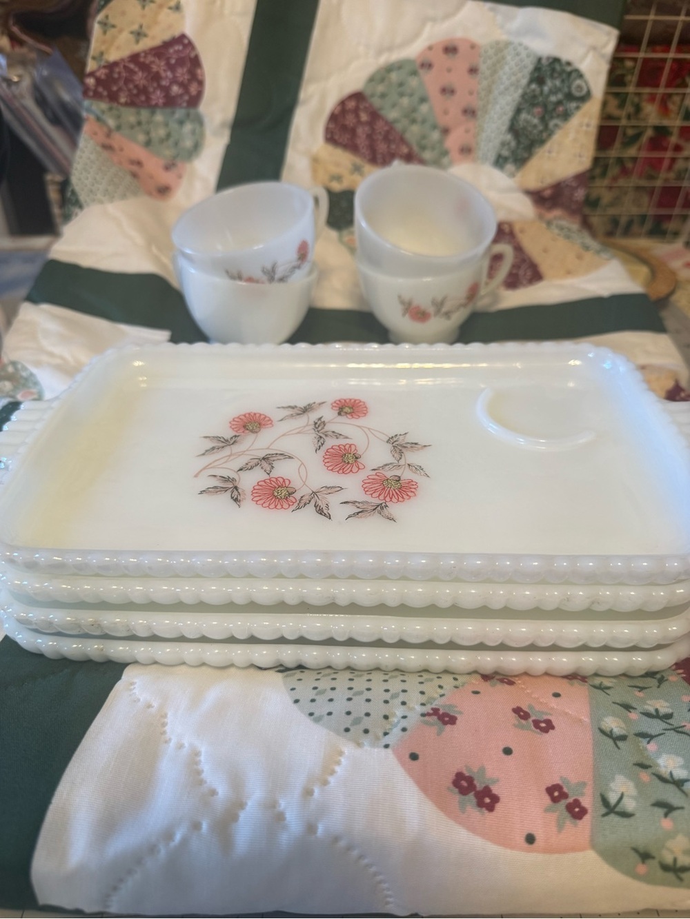 Anchor Hocking Fire King milk glass snack plates and cups.